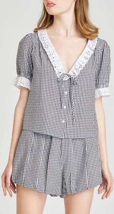 Wayf x Styled by COCO! Maggie Eyelet Detail Seersucker Top in Black Seersucker at Nordstrom Rack, Size X-Large