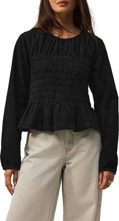 Next Smocked Peplum Cotton Denim Top in Black at Nordstrom, Size X-Small