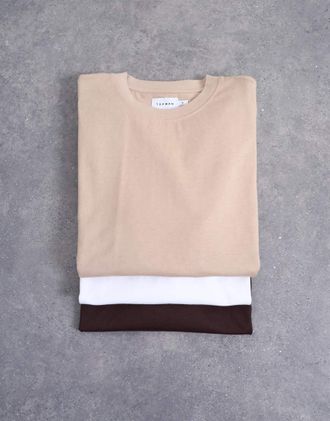 Topman Confezione da 3 T-shirt comode bianca, color cioccolato e pietra-Multicolore