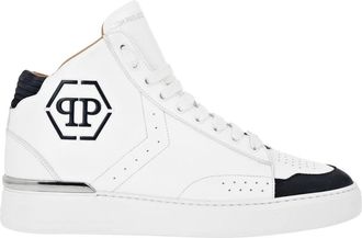 Philipp Plein Schoenen, unisex, Wit, 42 EU, Leer, Leather Mid-Top Sneakers Hexagon