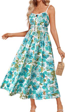 Grace Karin Womens Floral Print Maxi Dress Adjustable Straps V-Neck Elegant Summer Beach Wedding Guest Dress White-Green S