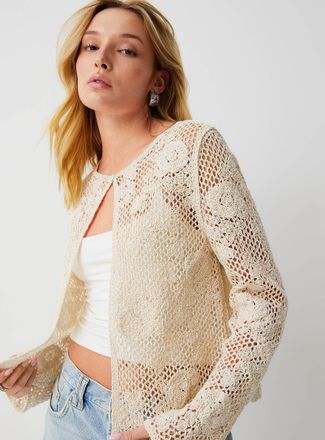 Icone Womens Clear sequined crocheted Cardigan Sweater
