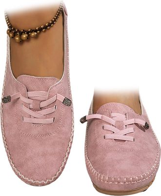 Generic Womens Comfortable Soft Hand-Stitched Genuine Leather Loafers Fashion Suede Lightweight Anti-Slip Lace Up Walking Shoes (Pink,6.5)