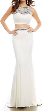 Mac Duggal Two-Piece Jeweled Gown In Ivory/gold