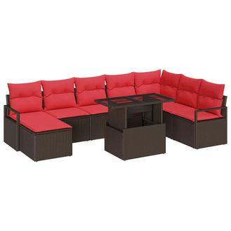 vidaXL Conjunto De Sof&aacute; De Jard&iacute;n 9 Uds. Marr&oacute;n Y Rojo Rat&aacute;n Sint&eacute;tico Vidaxl