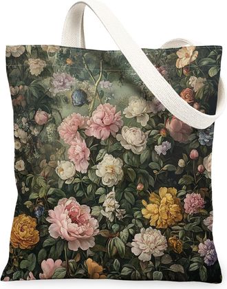 Generic Spring Aesthetic Peony Canvas Tote Bag for Shopping 13x15, Vintage Flower Garden Reusable Grocery Print Pattern Bag for Women, Floral Wildflower Beach