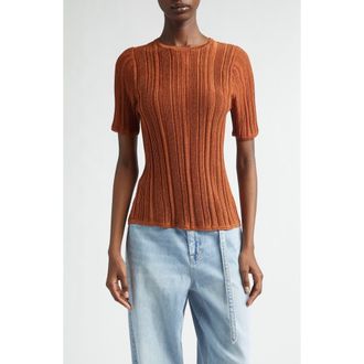 Zimmermann Indra Short Sleeve Shimmer Rib Sweater in Metallic Tan at Nordstrom, Size 0P