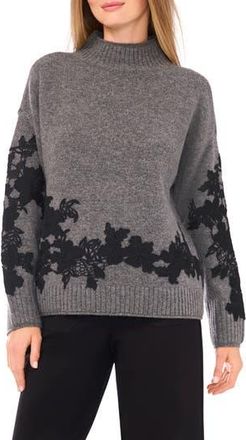 Vince Camuto Floral Appliqu&eacute; Mock Neck Sweater in Salt And Pepper at Nordstrom Rack, Size Medium