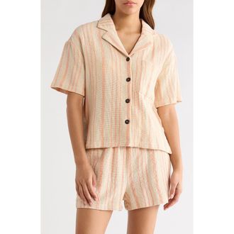 Elan Knit Short Sleeve Button-Up Cover-Up Shirt in Cayenne Stripe at Nordstrom, Size X-Large