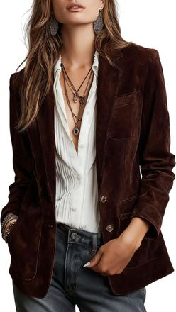 Generic Womens Faux Suede Blazer Jacket Fall Winter Vintage Slim Fit Two Button Dressy Suit Jacket Boyfriend Faux Leather Coat Trendy Old Money Office Work Ou