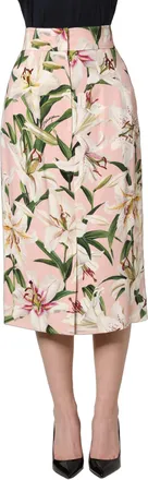 Dolce & Gabbana Womens Pink Lilium Print High Waist Pencil Skirt Silk Elastane