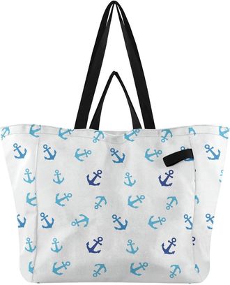 Generic Ship Blue White pattern Reusable Canvas Tote Bag, Heavy Duty Grocery Shopping Bag with Hard Bottom Large Capacity Double Handles Work Groceries Travel