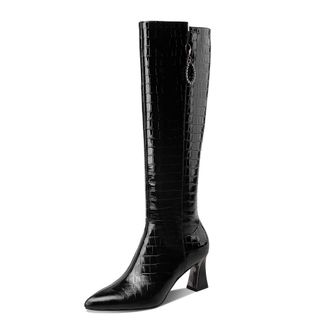 TinaCus Womens Handmade Embossed Genuine Leather Clear Pointed Toe Mid Spool Heel Side Zip Up Classic Black Knee High Boots, Black, 8 UK