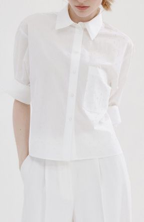 Mango Embellished Faux Pearl Button-Up Shirt in Off White at Nordstrom, Size 8