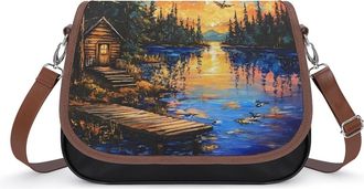 Generic Lake Wooden House Ducks At Sunset Leather Crossbody Bags for Women Messenger Handbag Purse Shoulder Bag