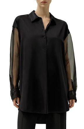LilySilk Womens Silk Blouse with Organza Sleeves in Black at Nordstrom, Size Medium