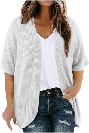 Generic Womens Cardigans UK Sunscreen Mid-Length Waffle Shrugs Pullover with Pocket Ladies Jacket for Pants Stretch Beach Holiday Basic Shawl UV Protection Op