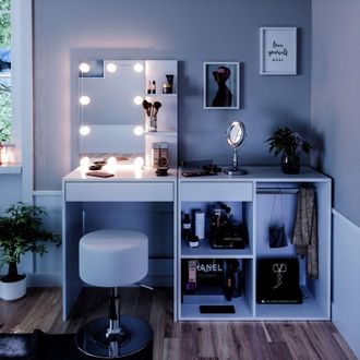 Vicco Tocador Isabelle, Blanco, 60 Cm Con Led, Taburete Y Armario