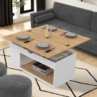 IDMarket Mesa De Centro Rectangular Con Tablero Elevable, Convertible En Mesa De Comedor Elea, 100 Cm, Madera Blanca Y Chapado De Haya