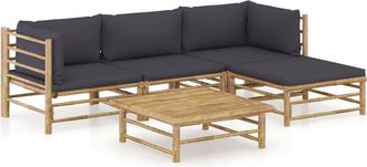vidaXL Set De Muebles De Jard&iacute;n 5 Piezas Bamb&uacute; Con Cojines Gris Oscuro Vidaxl