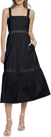 Maggy London Sleeveless Tiered Stretch Poplin Midi Dress in Black at Nordstrom Rack, Size 8