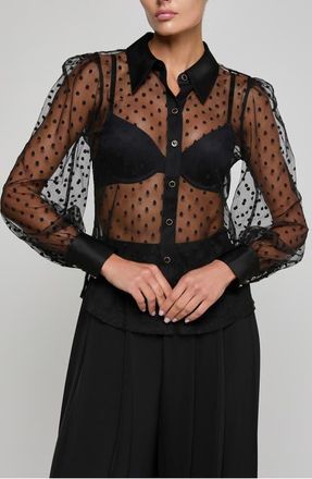 L'agence Sophie Swiss Dot Sheer Mesh Button-Up Shirt in Black at Nordstrom, Size Xx-Small
