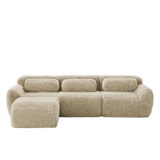STILVORA Sof&aacute; Modular 3 Plazas En Tela Aterciopelada Con Taburete, Base Antideslizante, Asiento Amplio Y 3 Cojines, Caqui Claro