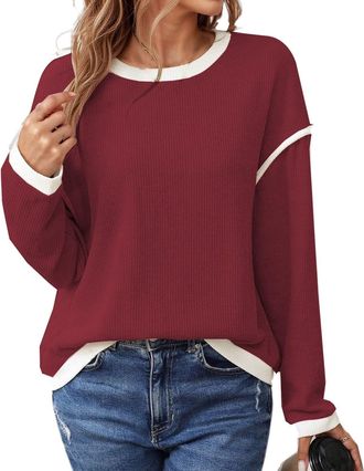Generic Womens Jumpers Round Neck Color Block Loose Fitted Long Sleeve Knit Top for Casual Wear Comfortable Fit Womens Sweater