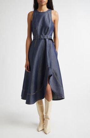 Cinq &agrave; Sept Zelda Sleeveless Belted Cotton Blend Denim Dress in Minuit at Nordstrom Rack, Size 4