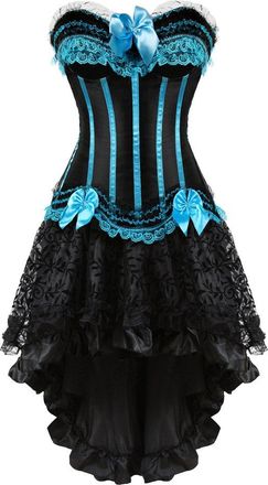 Grebrafan Gothic Push up Striped Corset Bustier with Fluffy Pleated Layered Tutu Skirt (UK(14-16) 2XL, Light Blue)