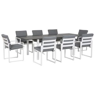 Beliani Conjunto De Comedor De 7 Piezas Blanco De Aluminio Con Tablero Extensible Y 8 Sillas Con Cojines Grises Pancole