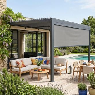 Sweeek P&eacute;rgola bioclim&aacute;tica de aluminio adosada 3x4m + 1 toldo 4m, antracita