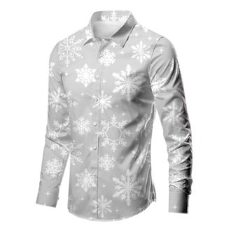 Generic Funny Christmas Shirts for Men Funky Xmas Snowflake Santa Print Dress Shirt Long Sleeve Button Down Holiday Party Jumper Tops, Z02-Grey, L