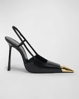 Saint Laurent Jeanne Leather Metallic-Toe Slingback Pumps