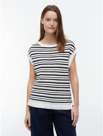 Tommy Hilfiger Womens Striped Crochet Sweater - Ivory Silk - XS