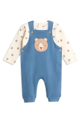 JoJo Maman B&eacute;b&eacute; Long Sleeve Bodysuit & Bear Appliqu&eacute; Waffle Knit Overalls Set in Denim at Nordstrom, Size 12-18M