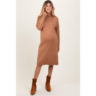 Pinkblush Turtleneck Side Slit Midi Sweater Dress in Camel at Nordstrom, Size Small