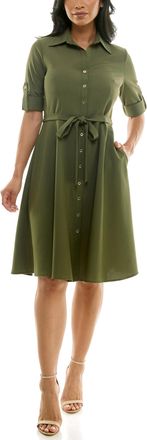 Sharagano Sharagano Womens Button Front Pleated Shirt Casual Dress, Olive Night, 16