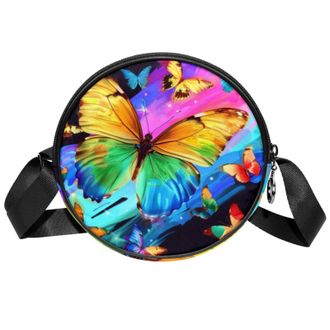 Generic Circle Crossbody Bag for Women, Butterfly Small Sling Bag Daypack with Zipper Adjustable Shoulder Straps Casual Ladies Girls Round Purse