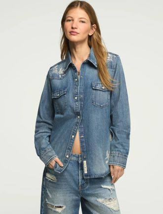 Lucky Brand Womens Embroidered Denim Western Shirt