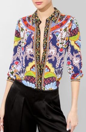 Alice & Olivia Willa Mixed Print Silk Button-Up Shirt in On The Road at Nordstrom Rack, Size X-Small