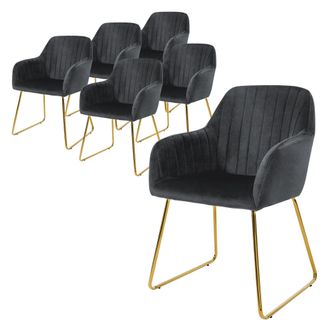 ML Design Ml-design - 6x Sillas De Comedor Color Gris Ergon&oacute;micas Asiento Tapizado Aspecto De Terciopelo Con Respaldo Y Reposabrazos Patas De Metal Sill&oacute;n Moder