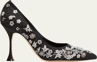 Manolo Blahnik Fiorata Embroidered Linen Pumps