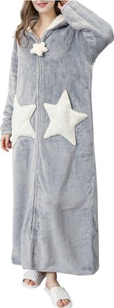 Generic Womens Dressing Gown Hood - Stars Printed Sleeping Robe Super Soft and Warm Fleece Bathrobe Woman Nightwear Soft, Full Length Fluffy Sleepwear Loungwe