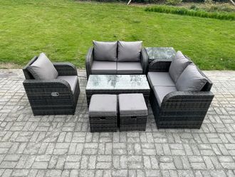 Fimous Rattan Outdoor Garden Furniture Sofa Set Patio Table & Chairs Set with 2 Small Footstools Side Table Dark Grey Mixed