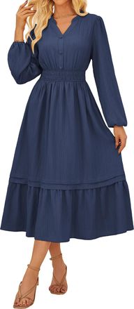 Grace Karin Womens Summer Evening Party Dresses Button High Waist Smocked Flowy Linen Dress Elegant Boho Dress Navy Blue S