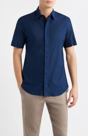 Emporio Armani Textured Stripe Short Sleeve Knit Cotton Button-Up Shirt in Solid Blue Navy at Nordstrom, Size Xx-Large