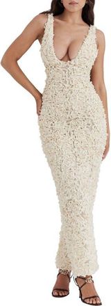 House of CB Carena 3D Floral Appliqu&eacute; Plunge Neck Gown in Bleached Sand at Nordstrom, Size Medium