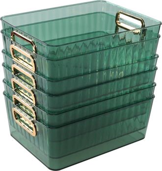 OEM Juego De 6 Contenedores De Almacenamiento De Pl&aacute;stico Transparente Con Asas Doradas, Color Verde