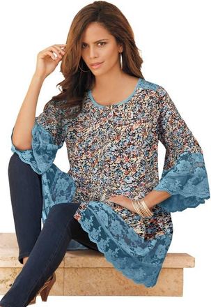 Roaman's Lace Illusion Blouse in Blue Print at Nordstrom, Size 36